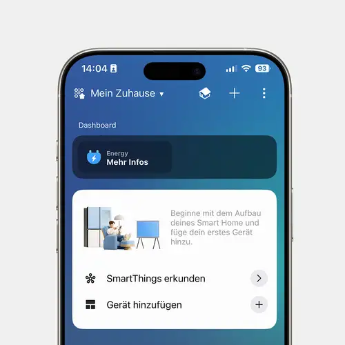 iphone mit Screenansicht Einstiegsseite der JUNG HOME und works with Samsung SmartThings App.