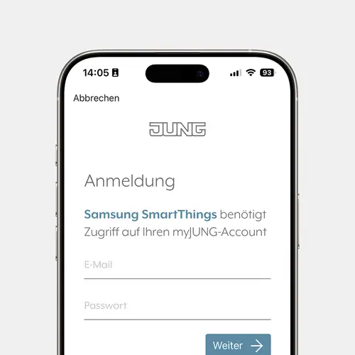 iphone mit Screenansicht JUNG HOME und works with Samsung SmartThings App.