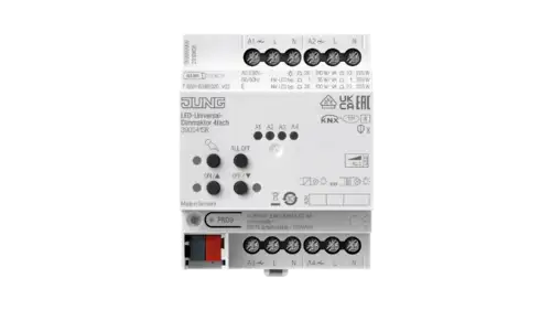 KNX LED Universal DImmaktor 4fach. Produktabbildung in frontaler Ansicht.