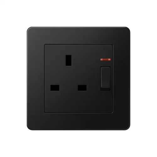 British standard socket outlet with toggle switch in the A FLOW programme in matt graphite black