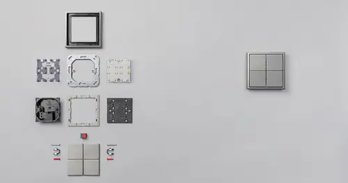 KNX Taster F 40 aus Aluminium, in seinen Bestandteilen und zusammengebaut