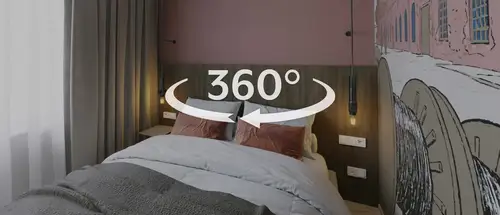Innenansicht eines Hotelzimmers mit einem Hinweis auf eine 360-Grad-Ansicht, zum drehen des Bildes.