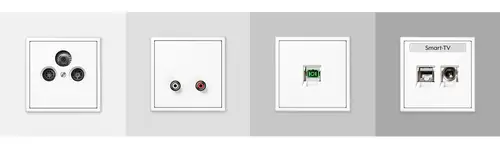 Verschiedene Anschlusssysteme im Programm LS 990 in Alpinweiß. Produktabbildungen auf grauem Hintergrund.
