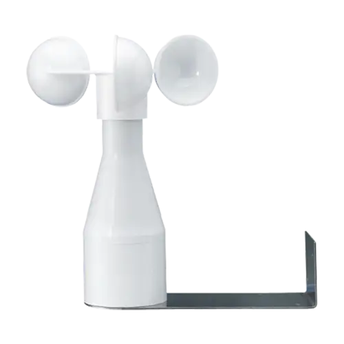 Anemómetro blanco para medir la velocidad del viento con tres cazoletas semiesféricas sobre un brazo giratorio. El dispositivo está montado en un soporte metálico.