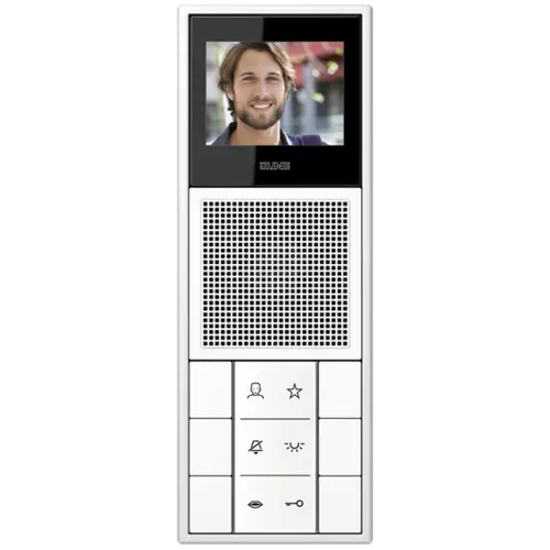 Estación interior de vídeo de la serie LS, la pantalla muestra a un joven sonriente.