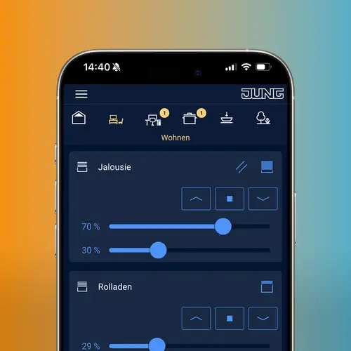 Screenansicht der Smart Visu Server App, Temperatur und Jalousie, und ihrer benutzerfreundlichen Oberfläche.