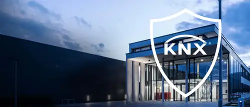 KNX Secure logo, a building in the background.