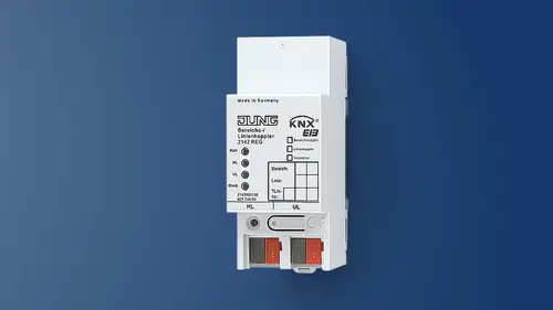 KNX system device area line coupler against a blue background.