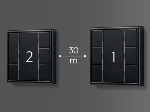 KNX push-button F 50 in the LS 990 range in black, visualisation Connection of a push-button extension module.