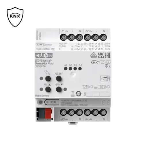 KNX Secure logo next to KNX LED universal dimming actuator 4-gang