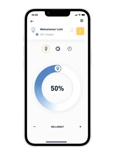 Schermweergave van de slimme JUNG HOME app met focus op het nauwkeurig dimmen van licht.
