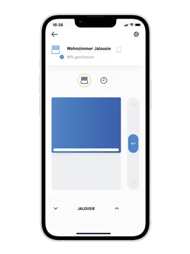 Schermweergave van de slimme JUNG HOME app met focus op het specifiek instellen van jaloezieën.