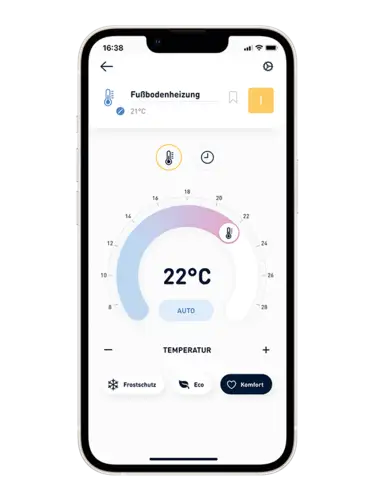 Schermweergave van de slimme JUNG HOME app met focus op het handmatig aanpassen van de temperatuur.