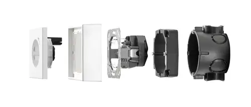 JUNG HOME SCHUKO® socket outlet in its individual parts, detailed view for mounting.