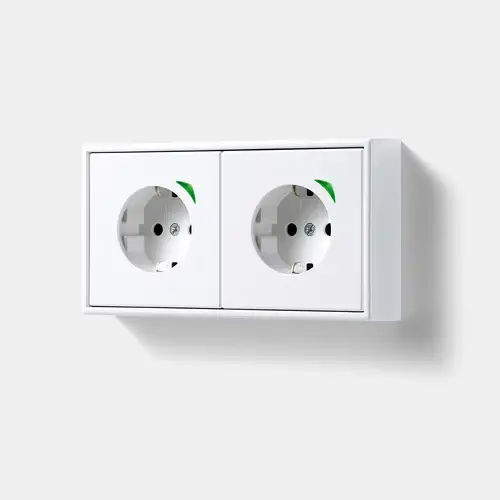 JUNG HOME SCHUKO® socket outlet 28 mm installation height in the LS 990 range, 2-gang in white, detailed view.