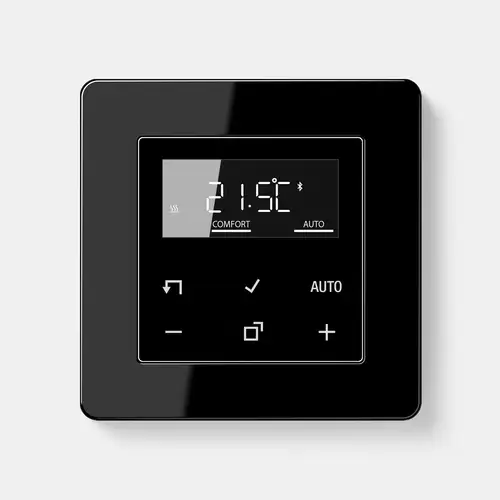 Pantalla del termostato de ambiente JUNG HOME en el programa A FLOW en negro