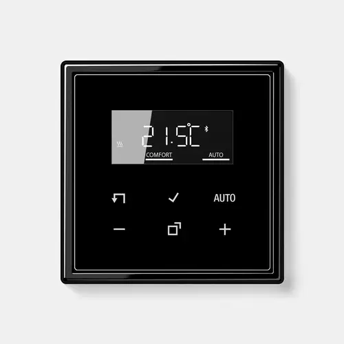 Pantalla de termostato ambiente JUNG HOME en el programa LS 990 en negro