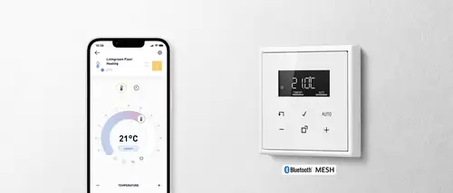 JUNG Home kamerthermostaatset met 1790RTR kamertemperatuurregelaar-inzetstuk met sensoraansluiting BTCD1791WW kamerthermostaat display glas alpinewit serie CD