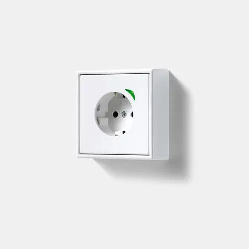 JUNG HOME SCHUKO® socket outlet 28 mm installation height in the LS 990 range, 1-gang in white, detailed view.