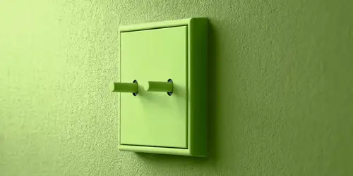 Toggle switch in the LS 1912 range in one of Les Couleurs® Le Corbusier's timeless colours, photographed in perspective, in front of a wall in the same shade of green.