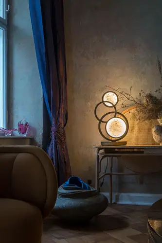 SCHUKO socket outlet, photographed in a room cut-out with a sophisticated interior, next to heavy violet brocade curtains and a
