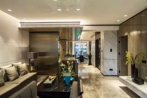 JUNG products in the LS 990 range in Dark, made of lacquered aluminium. Ambience shot in the Changfeng Residence, Shanghai.