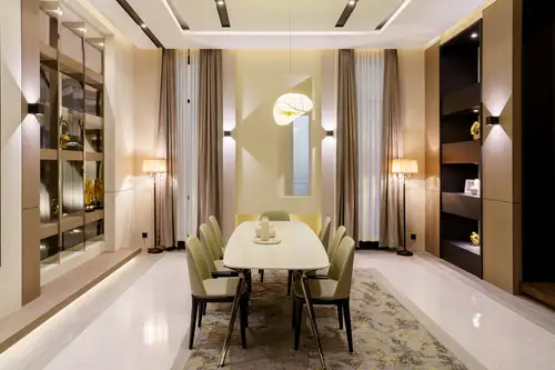 Ambience shot, modern dining room on the film set for the drama "Mrs Durian" in Gyeonggi, South Korea.