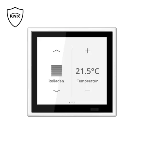 LS Touch in Alpinweiß und dem KNX Secure Logo oben links. Frontale Aufnahme auf hellem Hintergrund.