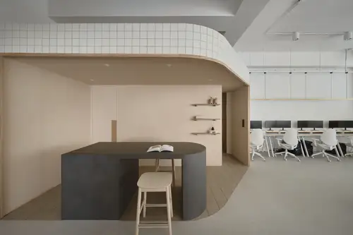 Side view of a lounge and work area at GoodPost Studio.