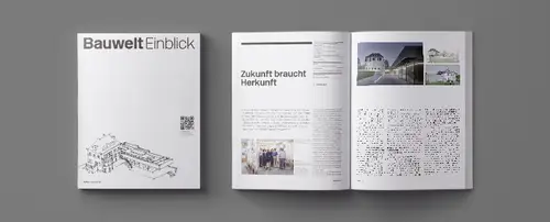 Magazine cover of the 15th issue of "Bauwelt Einblick", next to it a view of the open magazine