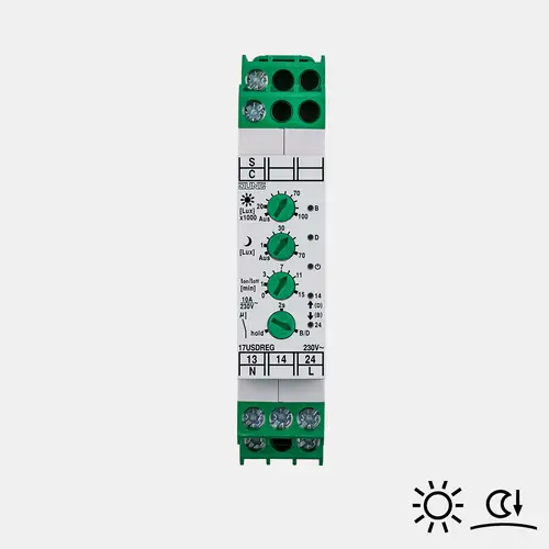 Umsetzer Sonne/Dämmerung in frontaler Ansicht auf grauem Hintergrund.