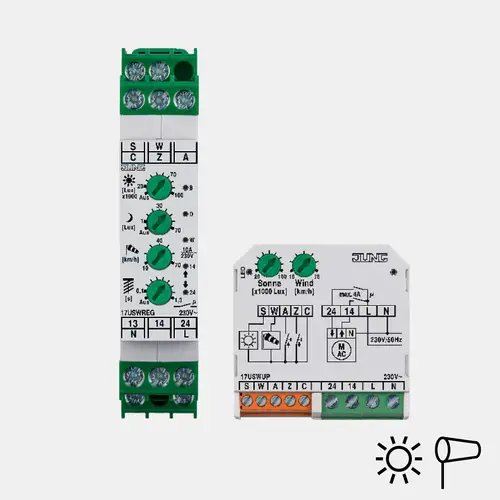 Umsetzer für Sonne und Wind in frontaler Ansicht auf grauem Hintergrund.