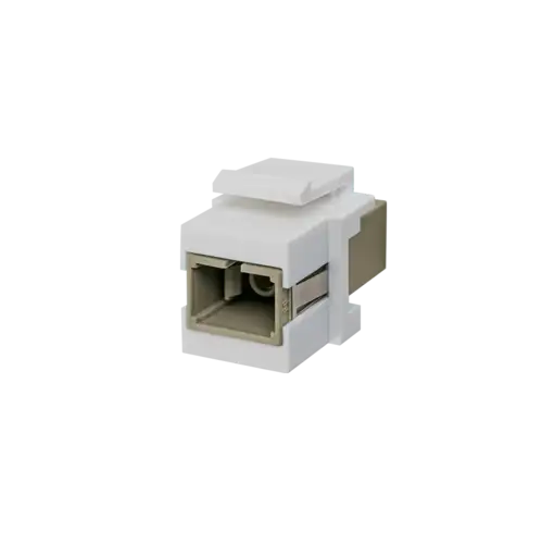 Glasfaser Keystone SC Simplex OM2 in Beige. Produktabbildung in Perspektive auf weißem Hintergrund.