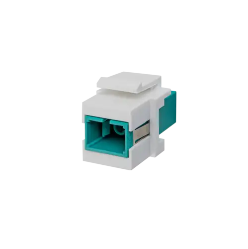 Glasfaser Keystone SC Simplex OM3 in Aqua. Produktabbildung in Perspektive auf weißem Hintergrund.