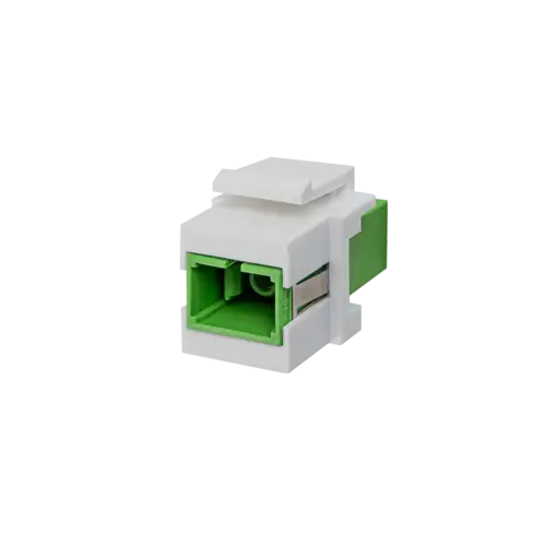 Glasfaser Keystone SC Simplex OS2 in Grün. Produktabbildung in Perspektive auf weißem Hintergrund.