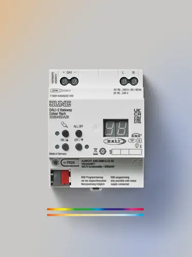 DALI-2 Gateway in frontal view on a background with a slight colour gradient.