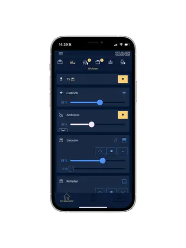 Screenansicht vom Smart Visu Server in Midnightblue auf einem Handy. Aufnahme in frontaler Ansicht auf hellgrauem Hintergrund.