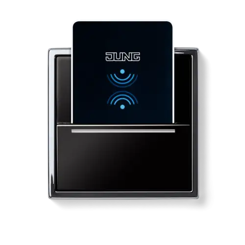 Hotelcard-Schalter, Produktaufnahme LS 990 in Schwarz mit Glanzchromrahmen und Hotelcard. Frontalaufnahme.