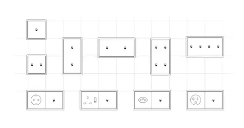 Line drawing of the available frames of the LS 1912 switch programme in Les Couleurs® Le Corbusier in the 1- to 4-gang versions, horizontal and vertical.