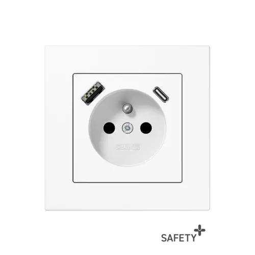 Prise de courant SCHUKO® dans le système franco-belge avec connexion USB A et C en blanc alpin