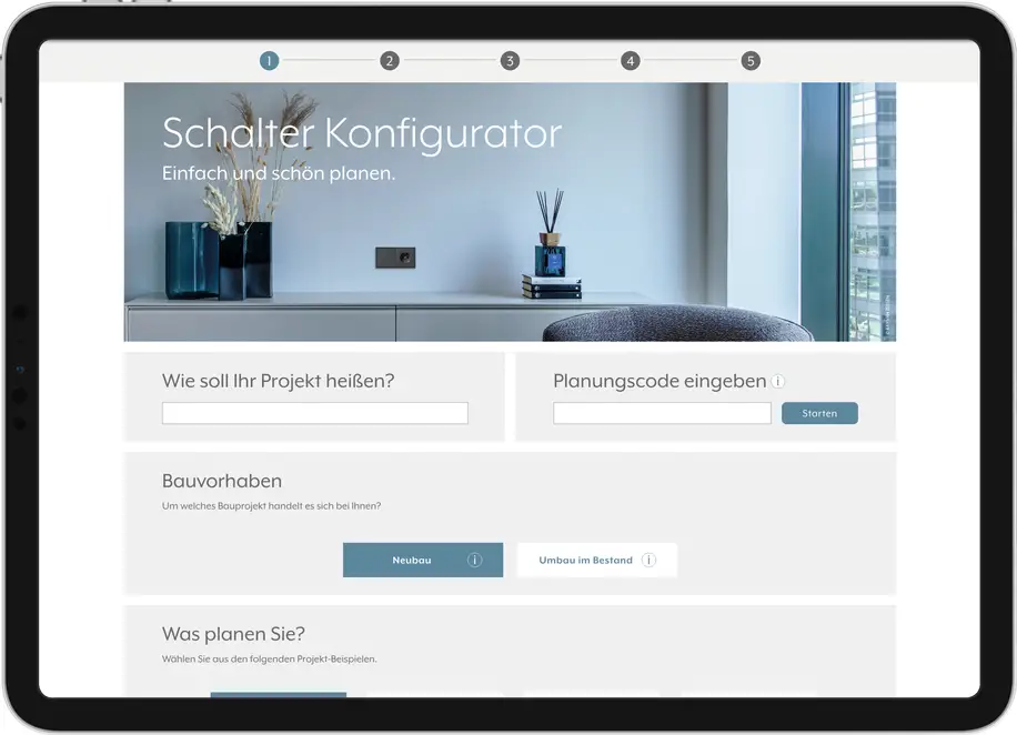 Ein iPad Pro zeigt den JUNG Schalter Konfigurator
