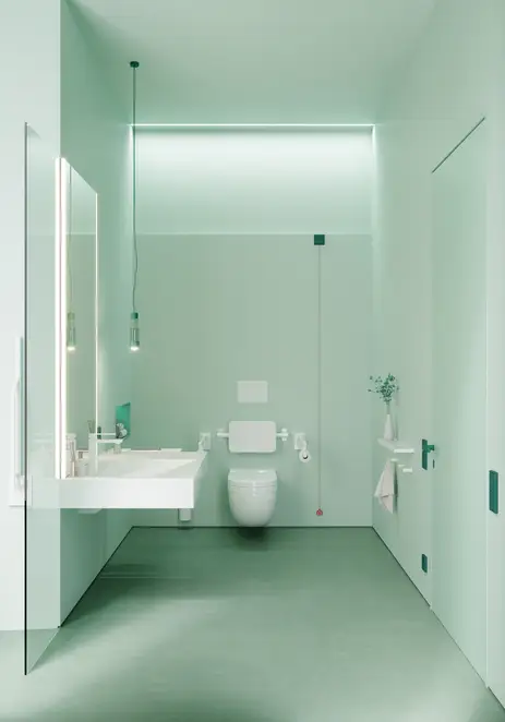 Barrierefreies Tageslichtbad im freundlichen Mintgrün mit Elektroausstattung und passendem Notrufsys-tem von JUNG aus dem Programm LS 990 im Farbton 32040 vert anglais