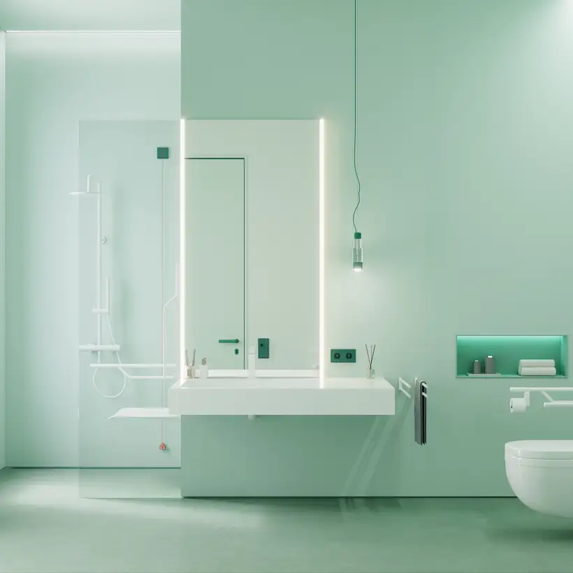 Barrierefreies Tageslichtbad im freundlichen Mintgrün mit Elektroausstattung und passendem Notrufsys-tem von JUNG aus dem Programm LS 990 im Farbton 32040 vert anglais
