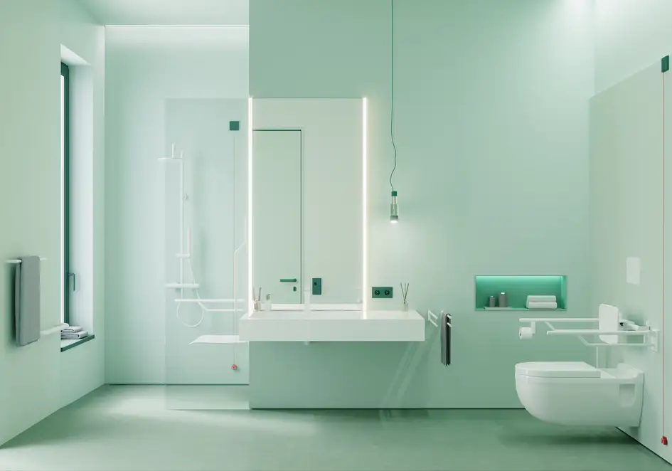 Barrierefreies Tageslichtbad im freundlichen Mintgrün mit Elektroausstattung und passendem Notrufsys-tem von JUNG aus dem Programm LS 990 im Farbton 32040 vert anglais