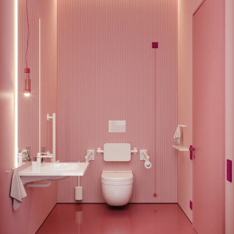Das rollstuhlgerechte WC mal anders: Indirektes Licht, eine wertige Sanitäreinrichtung mit passenden Hilfs-systemen und schicke LS 990 Schalter, Steckdosen und Notrufsysteme im Farbton 32101 rouge rubia 