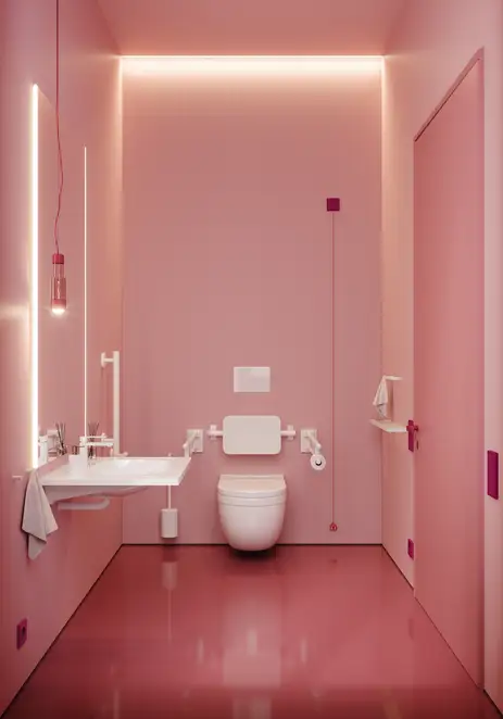 Das rollstuhlgerechte WC mal anders: Indirektes Licht, eine wertige Sanitäreinrichtung mit passenden Hilfs-systemen und schicke LS 990 Schalter, Steckdosen und Notrufsysteme im Farbton 32101 rouge rubia 
