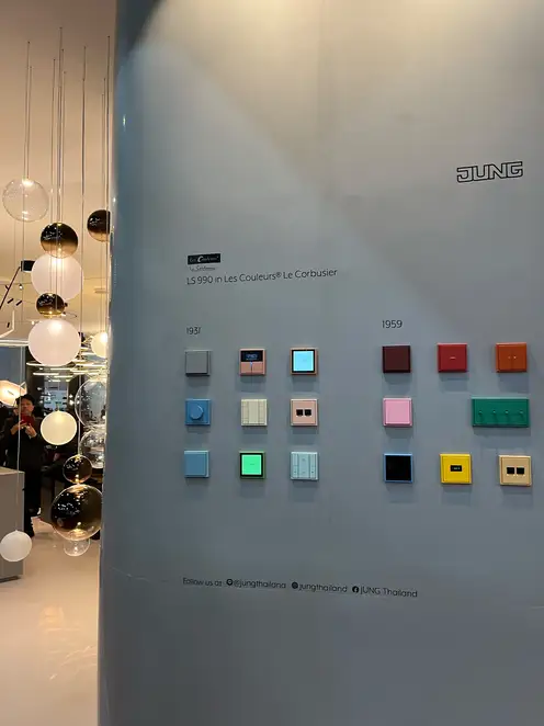 Various JUNG products, LS 990 in Les Couleurs® Le Corbusier, at the trade fair stand Architec Expo.