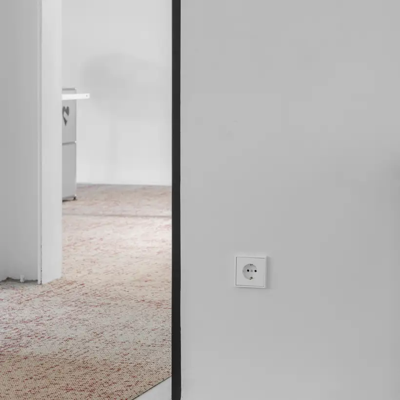 Eine LS 990 Steckdose in Alpinweiß montiert an einer Wand. 