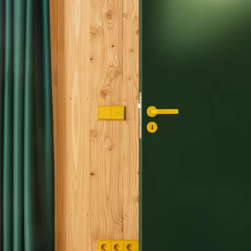Zwischen einer grünen Tür und einem grünen Vorhang befindet sich eine Holzwand. Auf der Wand sind Schalter und Steckdosen in LS 990 Messing Klassik montiert. 