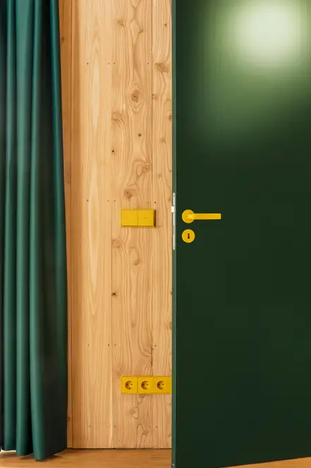 Zwischen einer grünen Tür und einem grünen Vorhang befindet sich eine Holzwand. Auf der Wand sind Schalter und Steckdosen in LS 990 Messing Klassik montiert. 